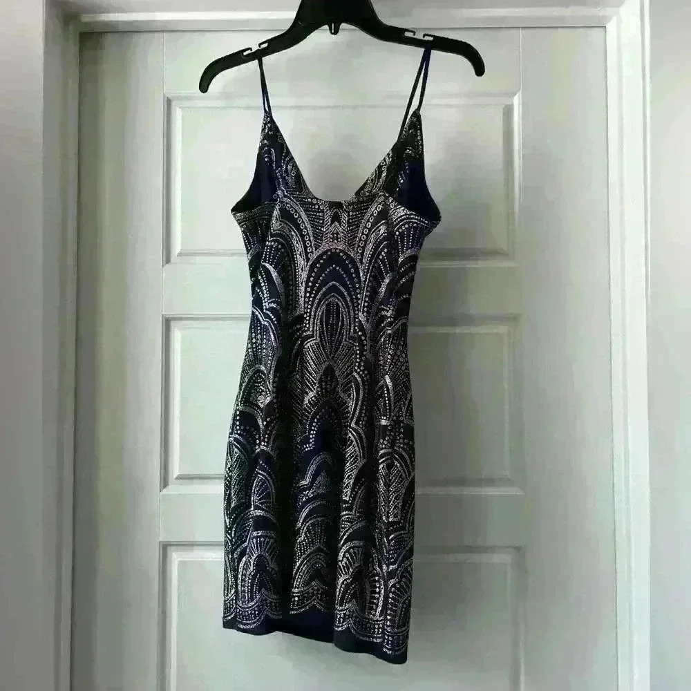Navy and Rose Gold fitted dress with cowl neckline in women’s size small - Picture 4 of 5